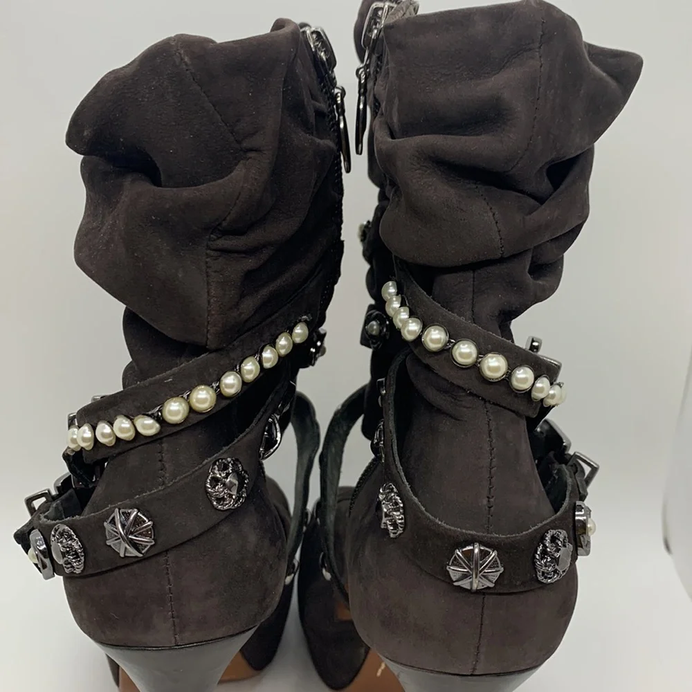 Schutz *Flawed Open Peep Toe Platform Heels Brown 10B Buckle Stud Pearl Accents